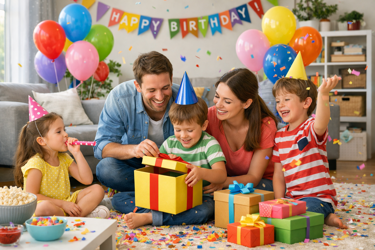 Renkli konfeti temalı çocuk parti düzeni